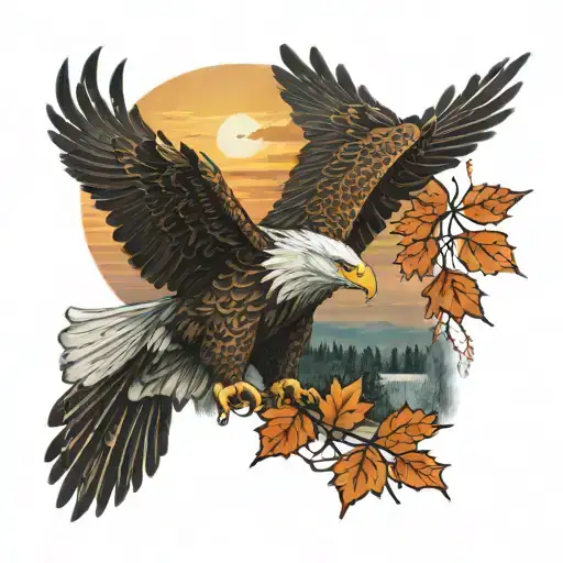 army Eagle bright fall colored leaves and trees colors sunset over lake in distance in background tattoo design idea