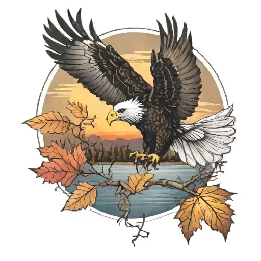 army  Eagle bright fall leaves and trees colors sunset over lake in distance in background tattoo design idea