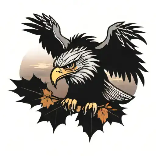 army Eagle bright fall oak tree colored leaves with sunset over lake in distance in background tattoo design idea