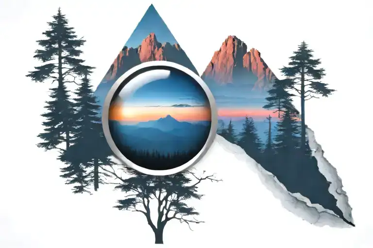 midnight blue mountain with forest trees looking through lens with rising Phoenix bird from fire sunrise tattoo design idea