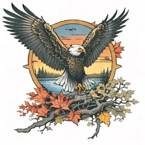 army Eagle bright fall colored leaves and trees colors sunset over lake in distance in background tattoo design idea