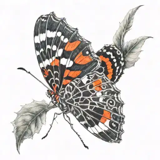 black and white caterpillar cocoon into red admiral butterfly wing tattoo design idea