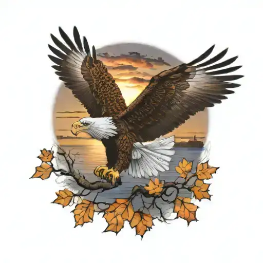 army Eagle bright fall oak tree colored leaves with sunset over lake in distance in background tattoo design idea