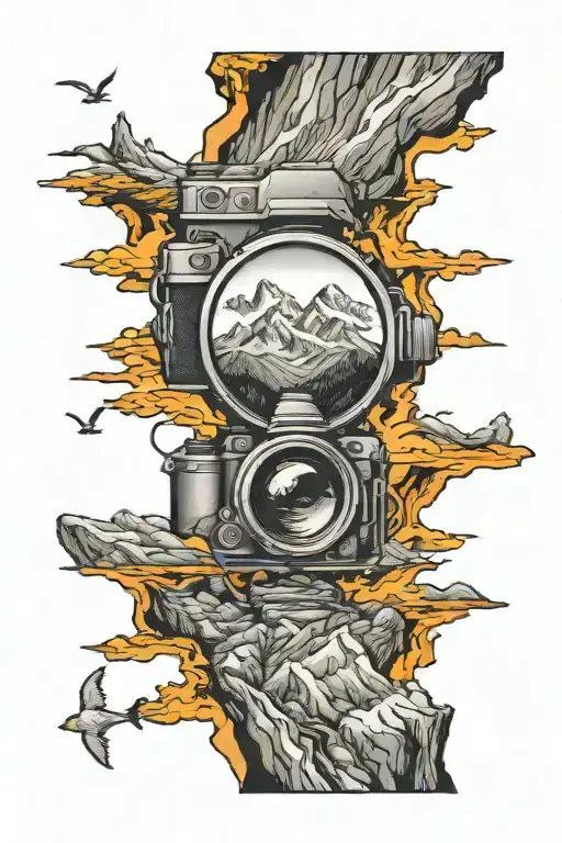 perspective change through a camera lens adventure and travel  mountains soul searching  tattoo design idea