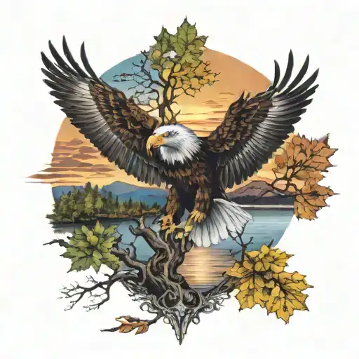 Eagle bright fall leaves and trees colors sunset over lake in distance in background tattoo design idea