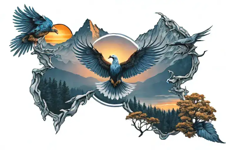 midnight blue mountains with forest trees background looking through lens to rising Phoenix wings spread bright sunrise tattoo design idea