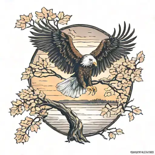 army Eagle on oak tree with fall colored leaves in front of lake background with sunset tattoo design idea