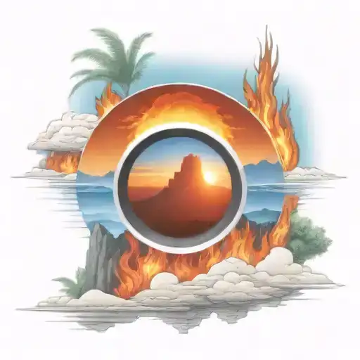 view though camera lens blue mountains rising Phoenix from fire sunrise  tattoo design idea