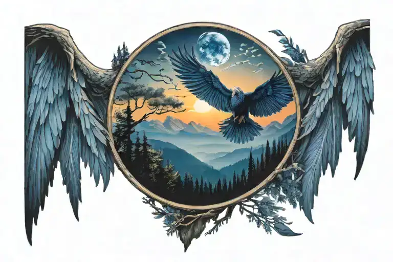 midnight blue mountains with forest trees background looking through lens to rising Phoenix wings spread bright sunrise tattoo design idea
