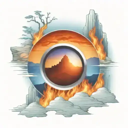 view though camera lens blue mountains rising Phoenix from fire sunrise tattoo design idea