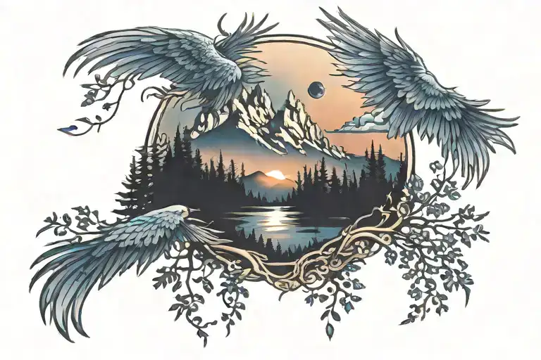 midnight blue mountain with forest trees looking through lens with rising Phoenix wings from fire sunrise tattoo design idea