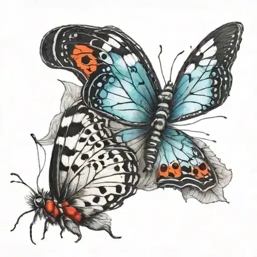 left side is small black and white caterpillar and right side big colorful butterfly  tattoo design idea