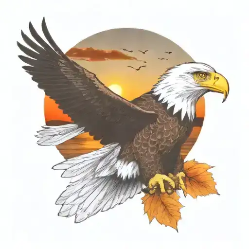 army  Eagle bright fall leaves and trees colors sunset over lake in distance in background tattoo design idea
