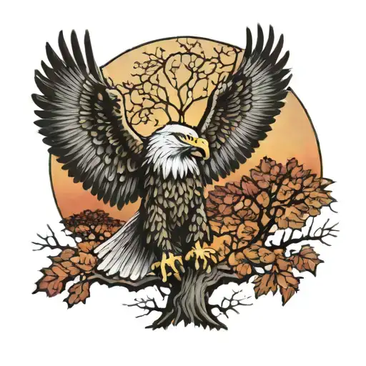 army Eagle on oak tree with fall colored leaves in front of lake background with sunset tattoo design idea