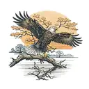 army Eagle bright fall oak tree colored leaves with sunset over lake in distance in background tattoo design idea