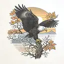 army Eagle bright fall oak tree colored leaves with sunset over lake in distance in background tattoo design idea