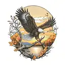 army Eagle bright fall oak tree colored leaves with sunset over lake in distance in background tattoo design idea