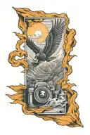 perspective change through a camera lens hiking mountains outside rising Phoenix inside tattoo design idea