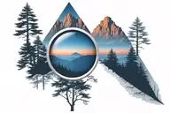 midnight blue mountain with forest trees looking through lens to rising Phoenix bird in bright clear crisp sunrise tattoo design idea