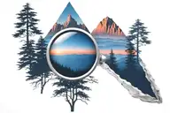 midnight blue mountain with forest trees looking through lens to rising Phoenix bird in bright clear crisp sunrise tattoo design idea