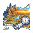 perspective change through a lens while hiking mountains to new viewpoint of rising Phoenix tattoo design idea