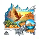 perspective change through a lens while hiking mountains to new viewpoint of rising Phoenix tattoo design idea