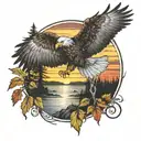 Eagle bright fall leaves and trees colors sunset over lake in distance in background tattoo design idea