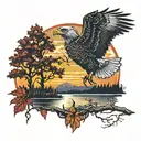Eagle bright fall leaves and trees colors sunset over lake in distance in background tattoo design idea