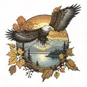 Eagle bright fall leaves and trees colors sunset over lake in distance in background tattoo design idea