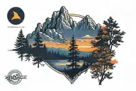 midnight blue mountain with forest trees looking through lens with glare with rising Phoenix bird from orange sunrise tattoo design idea