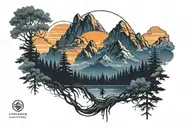 midnight blue mountain with forest trees looking through lens with glare with rising Phoenix bird from orange sunrise tattoo design idea