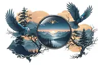 midnight blue mountains with forest trees background looking through lens to rising Phoenix wings spread bright sunrise tattoo design idea