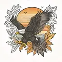 army Eagle bright fall colored leaves and trees colors sunset over lake in distance in background tattoo design idea