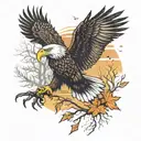 army Eagle bright fall colored leaves and trees colors sunset over lake in distance in background tattoo design idea