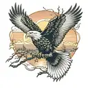 army Eagle bright fall colored leaves and trees colors sunset over lake in distance in background tattoo design idea