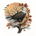 army Eagle on oak tree with fall colored leaves in front of lake background with sunset tattoo design idea