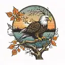 army Eagle on oak tree with fall colored leaves in front of lake background with sunset tattoo design idea
