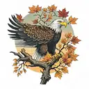 army Eagle on oak tree with fall colored leaves in front of lake background with sunset tattoo design idea