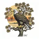 army Eagle on oak tree with fall colored leaves in front of lake background with sunset tattoo design idea