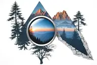 midnight blue mountain with forest trees looking through lens with rising Phoenix wings from fire sunrise tattoo design idea