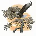army Eagle fall oak tree colored leaves sunset over lake in distance tattoo design idea