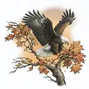 army Eagle fall oak tree colored leaves sunset over lake in distance tattoo design idea