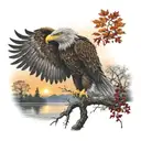 army Eagle fall oak tree colored leaves sunset over lake in distance tattoo design idea