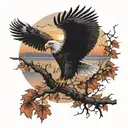 army Eagle fall oak tree colored leaves sunset over lake in distance tattoo design idea