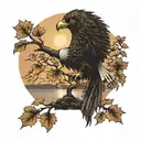 army Eagle fall oak tree colored leaves sunset over lake in distance tattoo design idea
