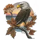 army Eagle fall oak tree colored leaves sunset over lake in distance tattoo design idea