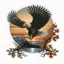 army Eagle fall oak tree colored leaves sunset over lake in distance tattoo design idea