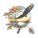 army Eagle fall oak tree colored leaves sunset over lake in distance tattoo design idea