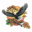 army Eagle fall oak tree colored leaves sunset over lake in distance tattoo design idea