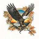 army Eagle fall oak tree colored leaves sunset over lake in distance tattoo design idea